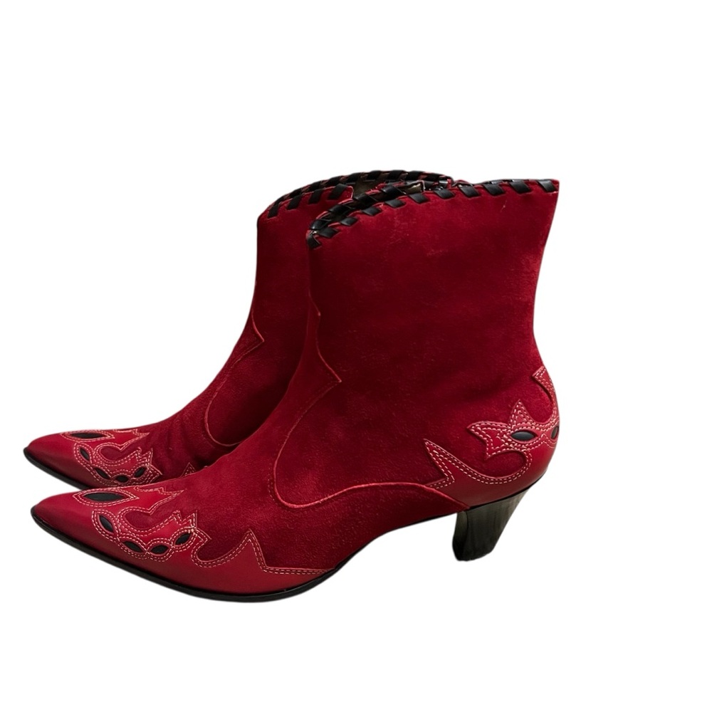 Antonio Milani Red Suede Leather Boots Booties Cowboy Western Flame Heels 7.5